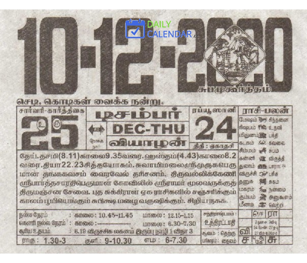 Tamil Daily Calendar 10 December 2020 Tamil Daily Calendar 10 December 2020